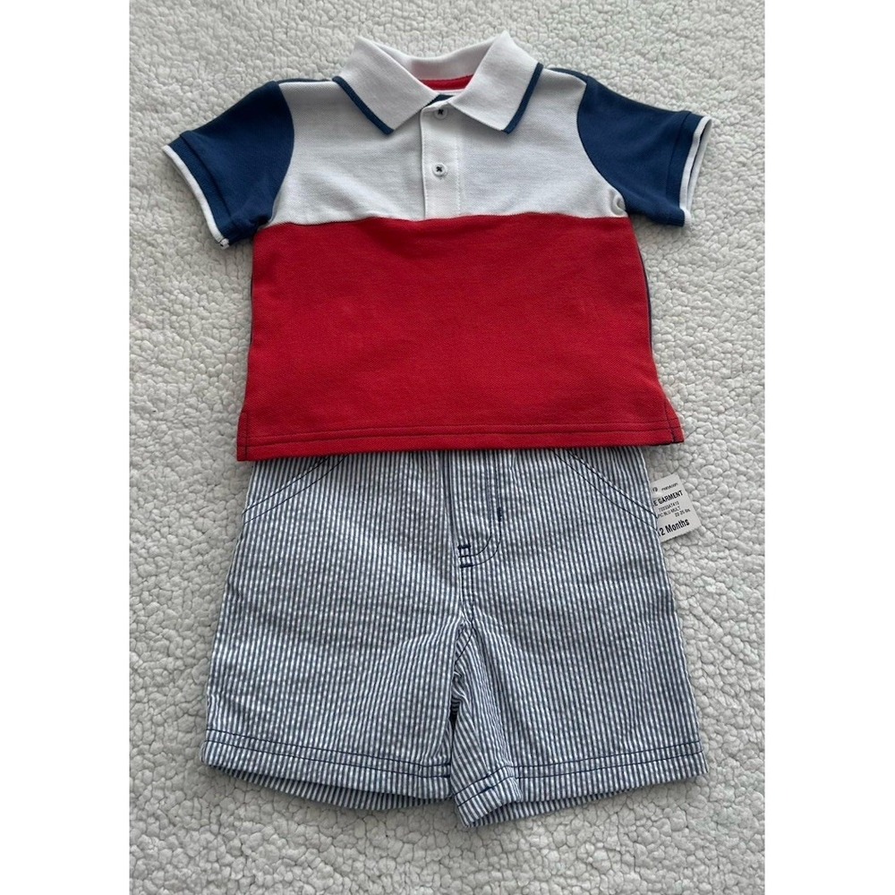 NEW Toddler Baby 12M Polo Shirt & Seersucker Shorts Set Boys 12 Months Blue Red
